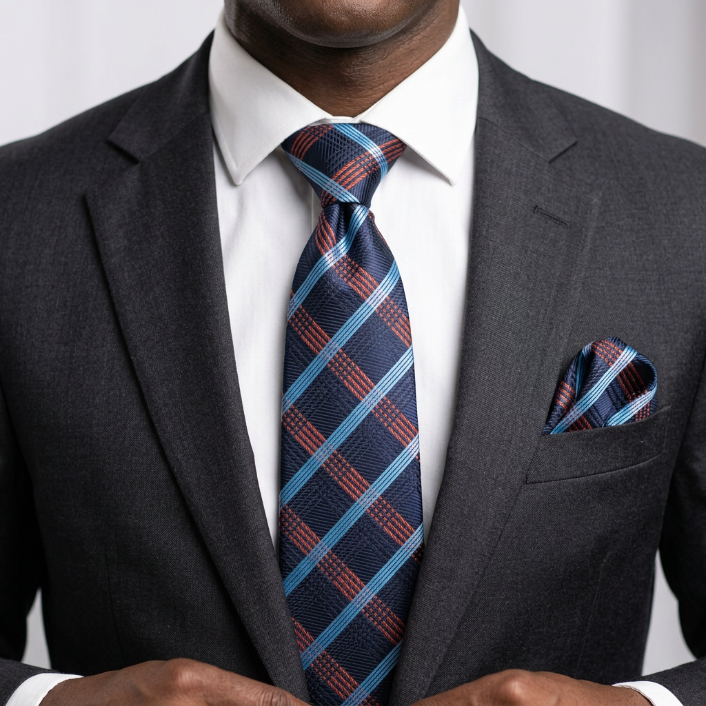 Navy check tie and pocket square model preview