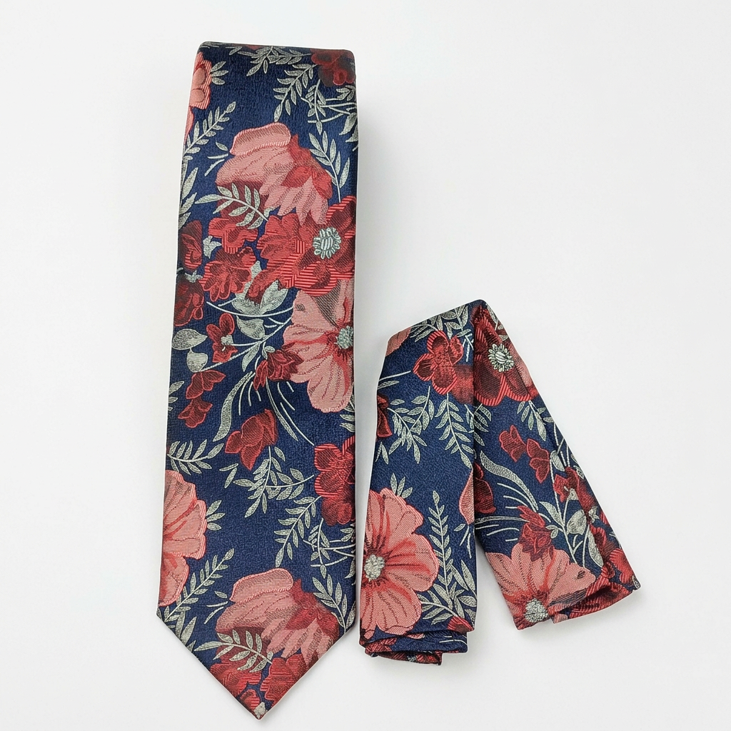 Navy floral tie and matching pocket square studio image
