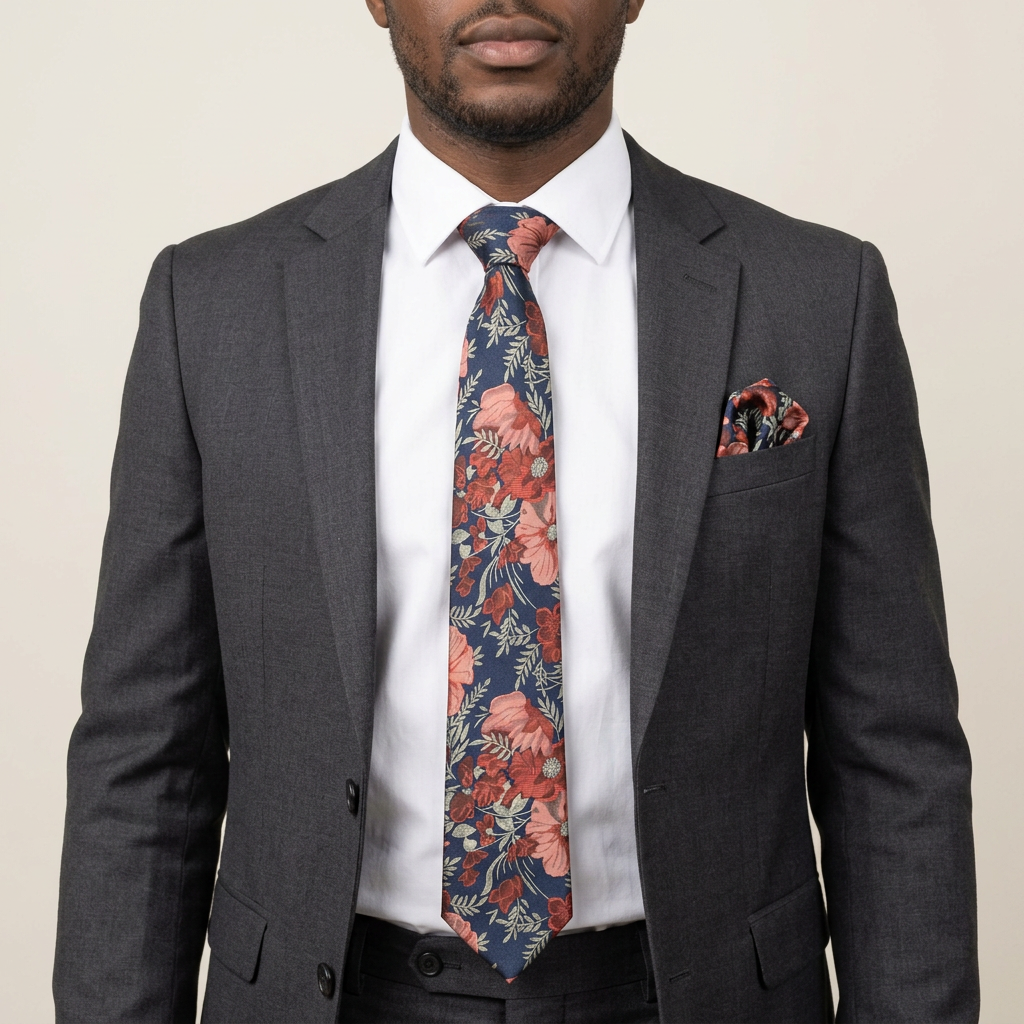 Navy floral tie and pocket square on a model