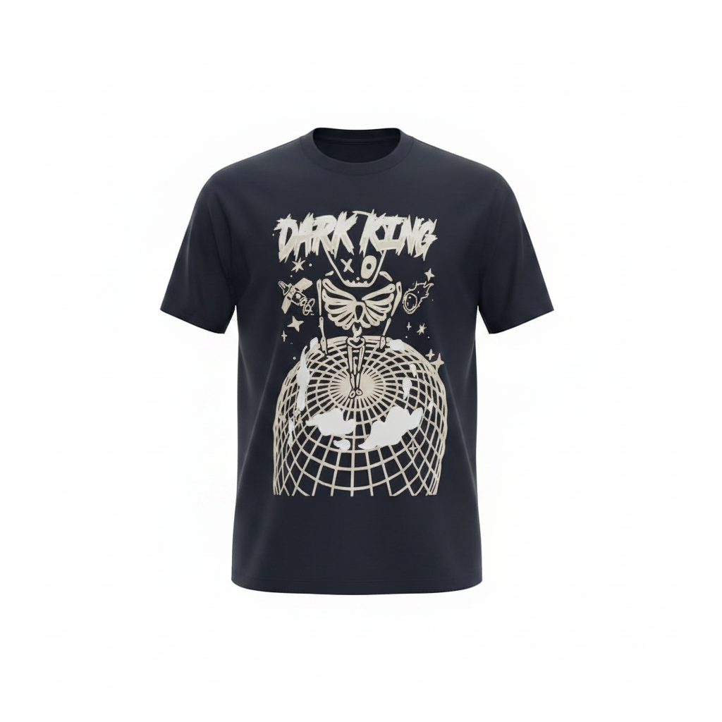 Navy Graphic Tee – Skeleton Globe Print – Ghost Mannequin