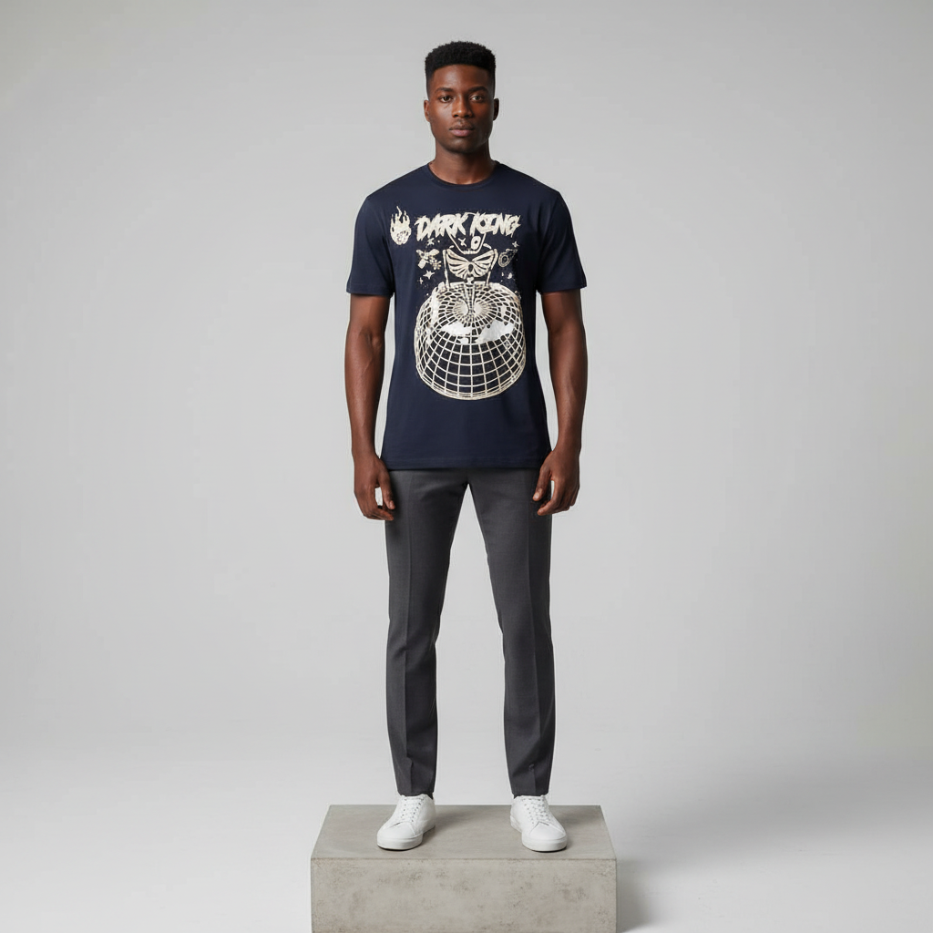Navy Graphic Tee – Skeleton Globe Print – Model Front