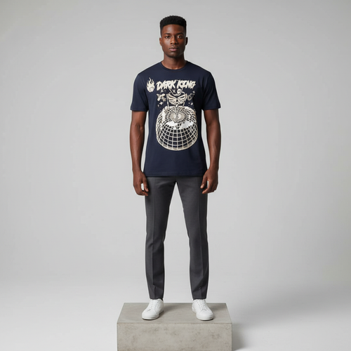 Navy Graphic Tee – Skeleton Globe Print – Model Front