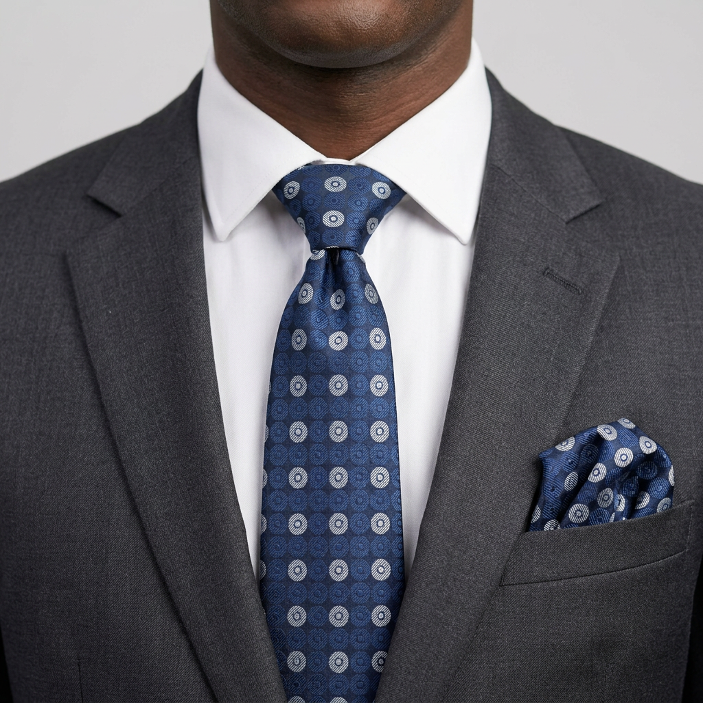 Navy ring-dot tie and pocket square model preview