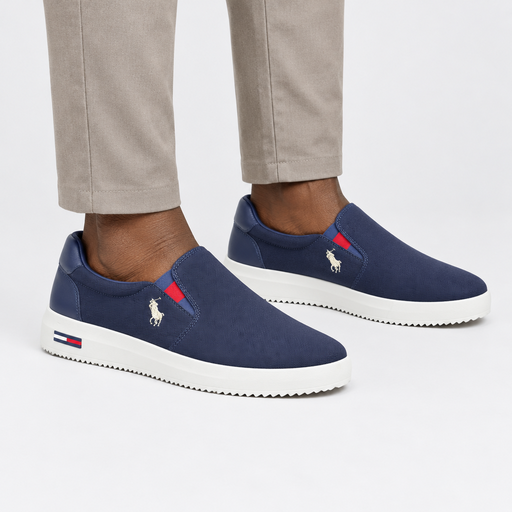 Navy slip-on shoe model preview