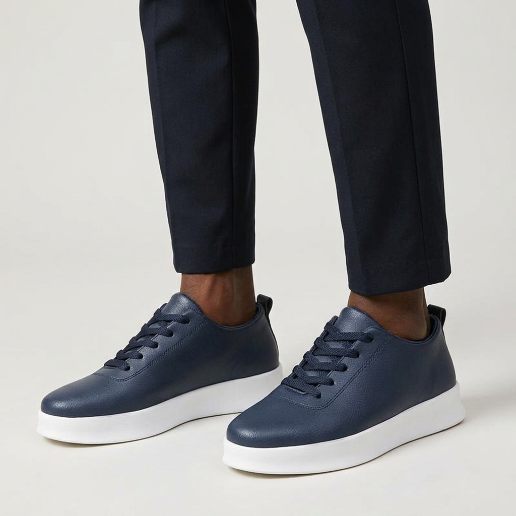 Navy sneakers model shot on a plain studio background