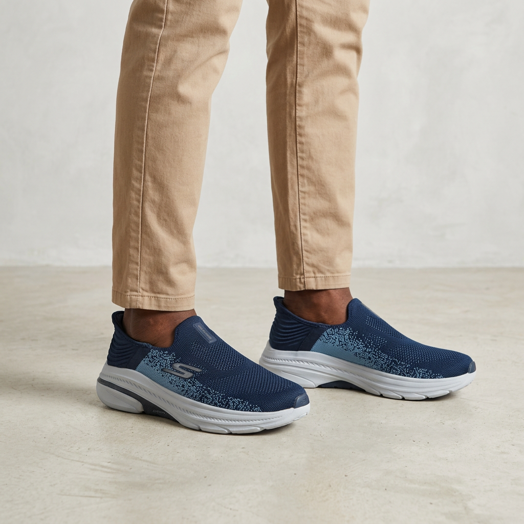 Navy speckled slip-on sneakers model preview