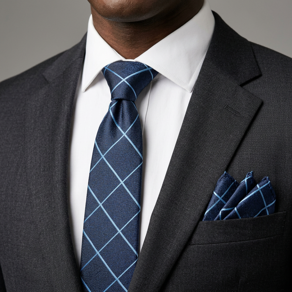 Navy windowpane tie and pocket square model preview