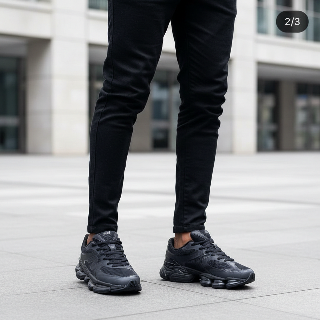 New Balance 9060 Triple Black – Model Leg Shot