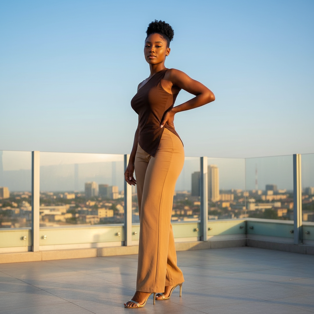 New Model & Background - Brown One-Shoulder Top