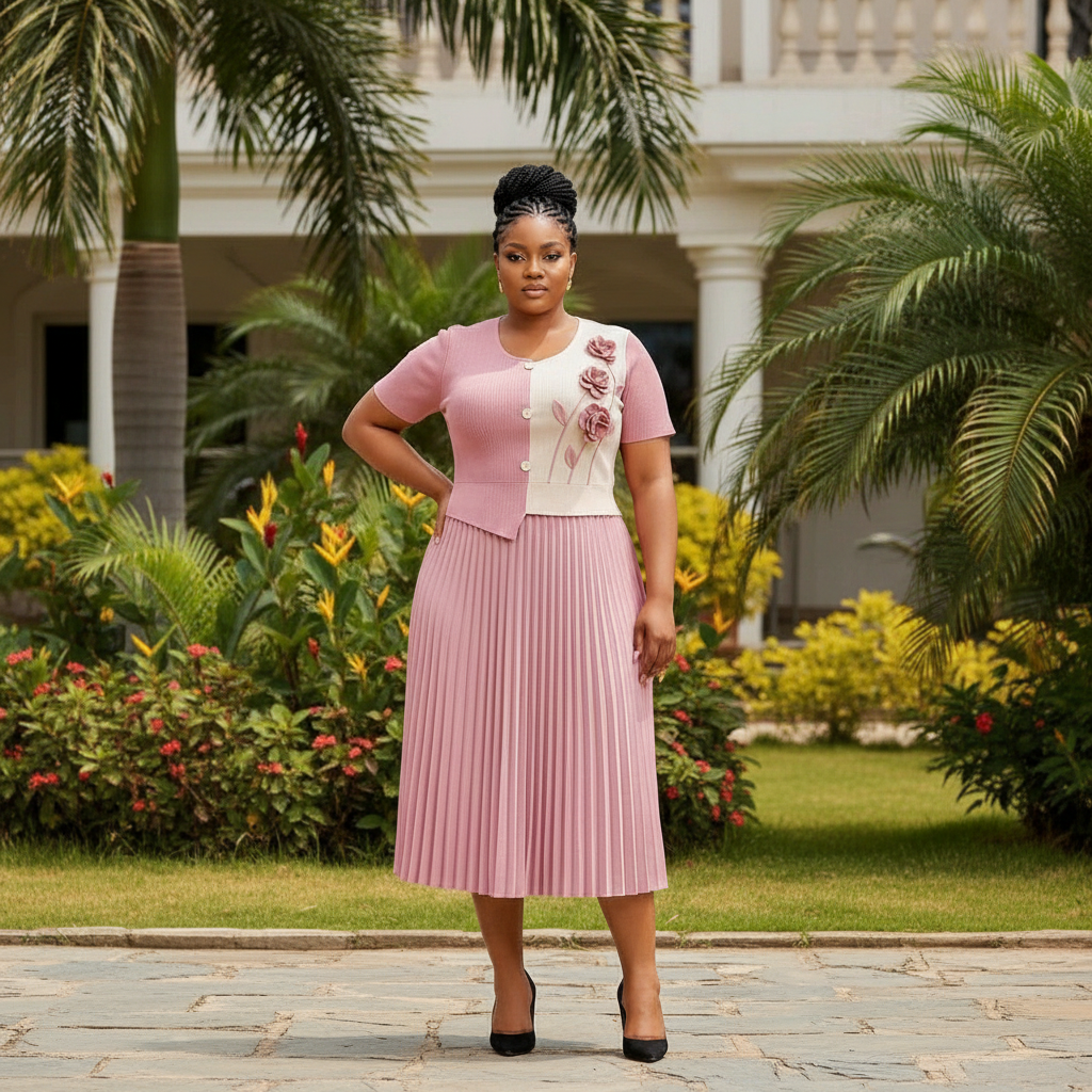 Nigerian Model – Dusty Pink & Cream 3D Rose Appliqué Straight Midi Dress