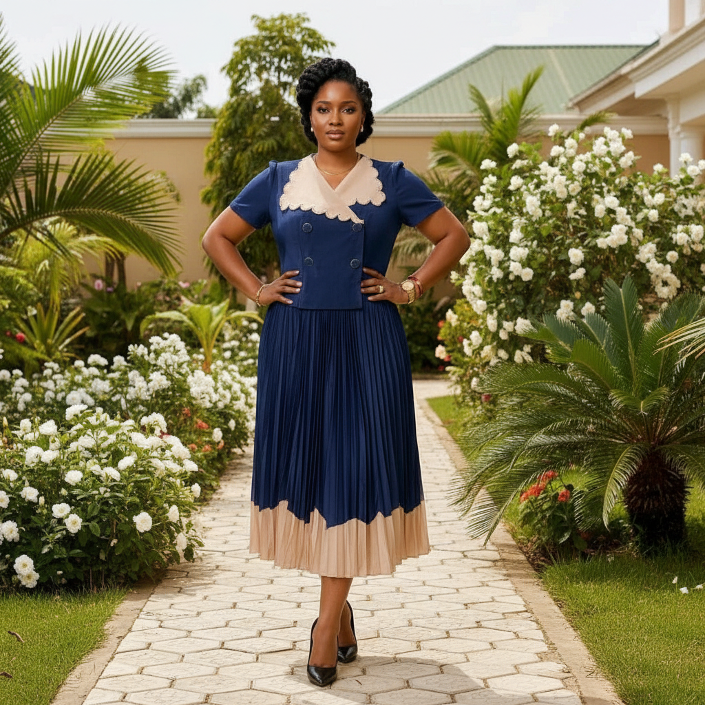 Nigerian Model – Navy Blue & Cream Scalloped Collar Pleated Midi Dress