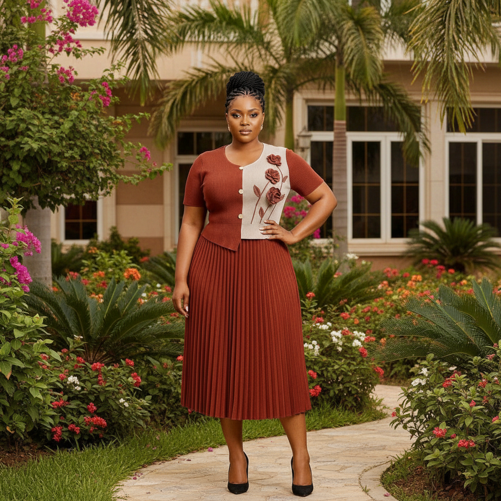Nigerian Model – Rust & Beige 3D Rose Appliqué Straight Midi Dress