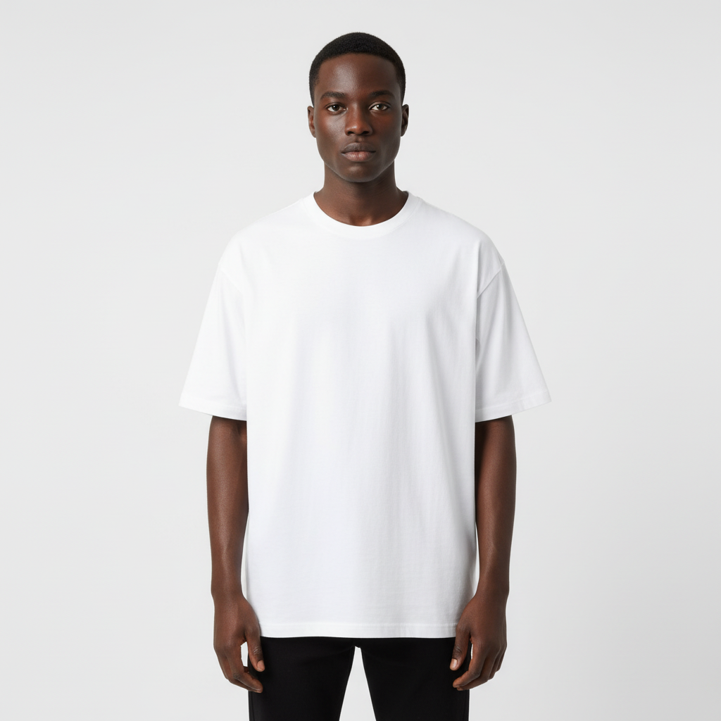 Nigerian model shot preview for the white round-neck shirt