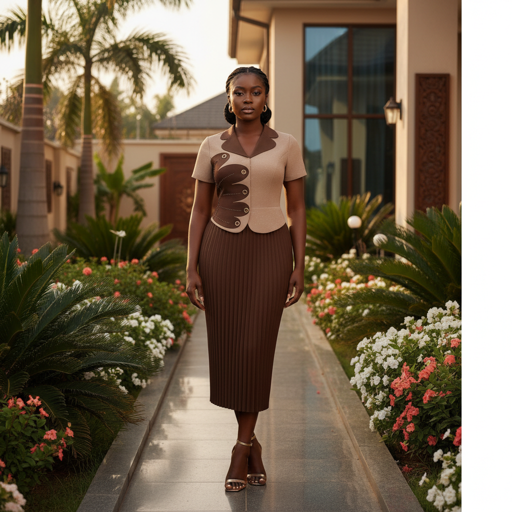 Nigerian Model – Straight Beige & Brown Appliqué Midi Dress