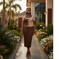 Nigerian Model – Straight Beige & Brown Appliqué Midi Dress
