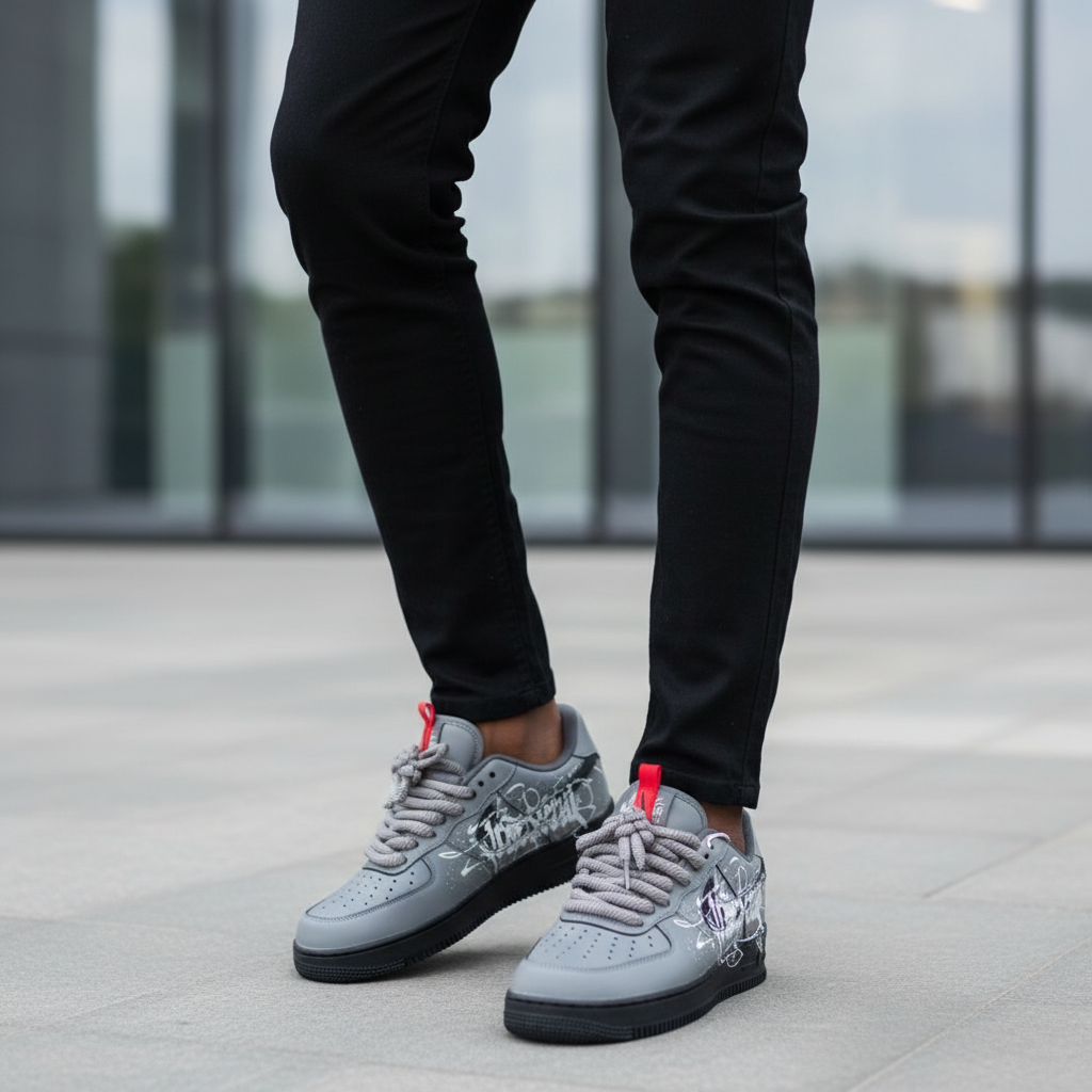 Nike AF1 Graffiti Splash Grey – Model Leg Shot