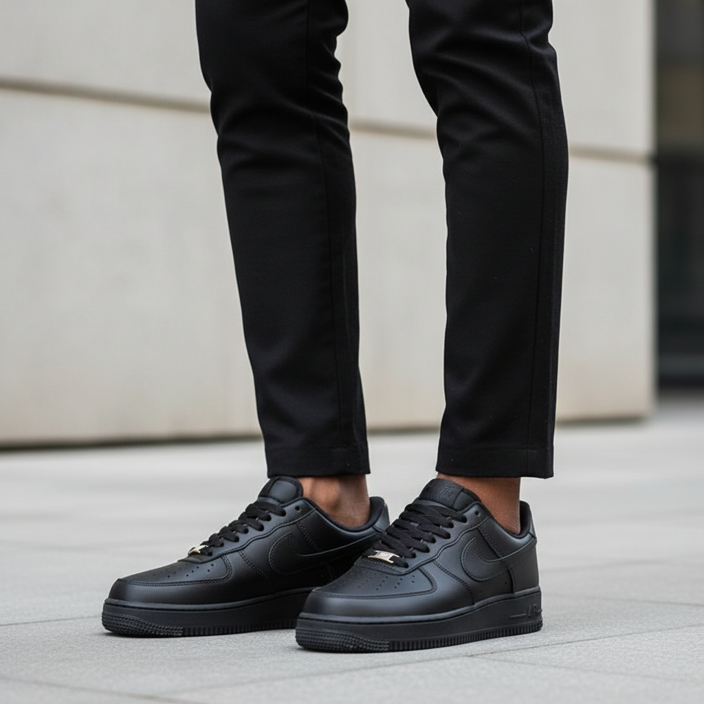 Nike AF1 Triple Black Pebbled Leather – Model Leg Shot