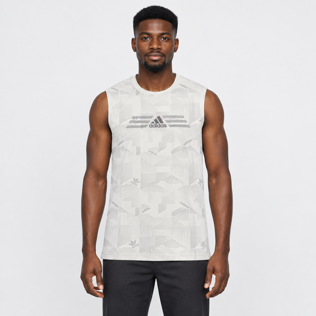 Off-white sleeveless top on a Black adult model