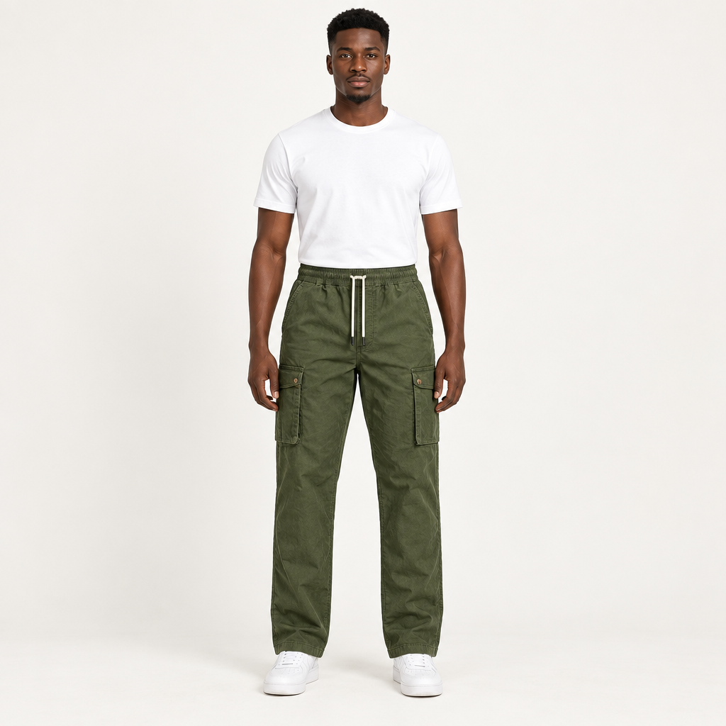 Olive cargo trousers model preview