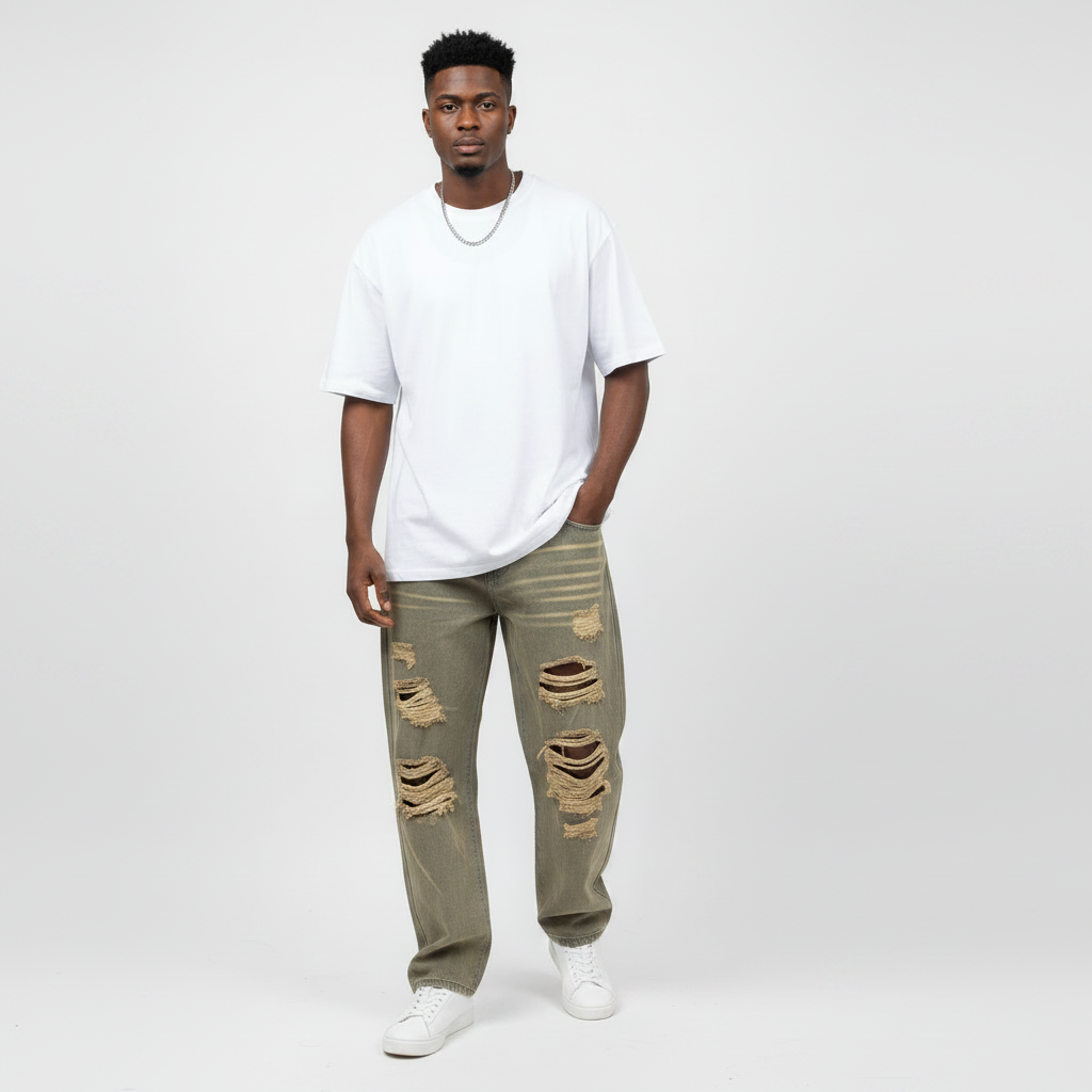Olive Washed Graphic Baggy Jeans