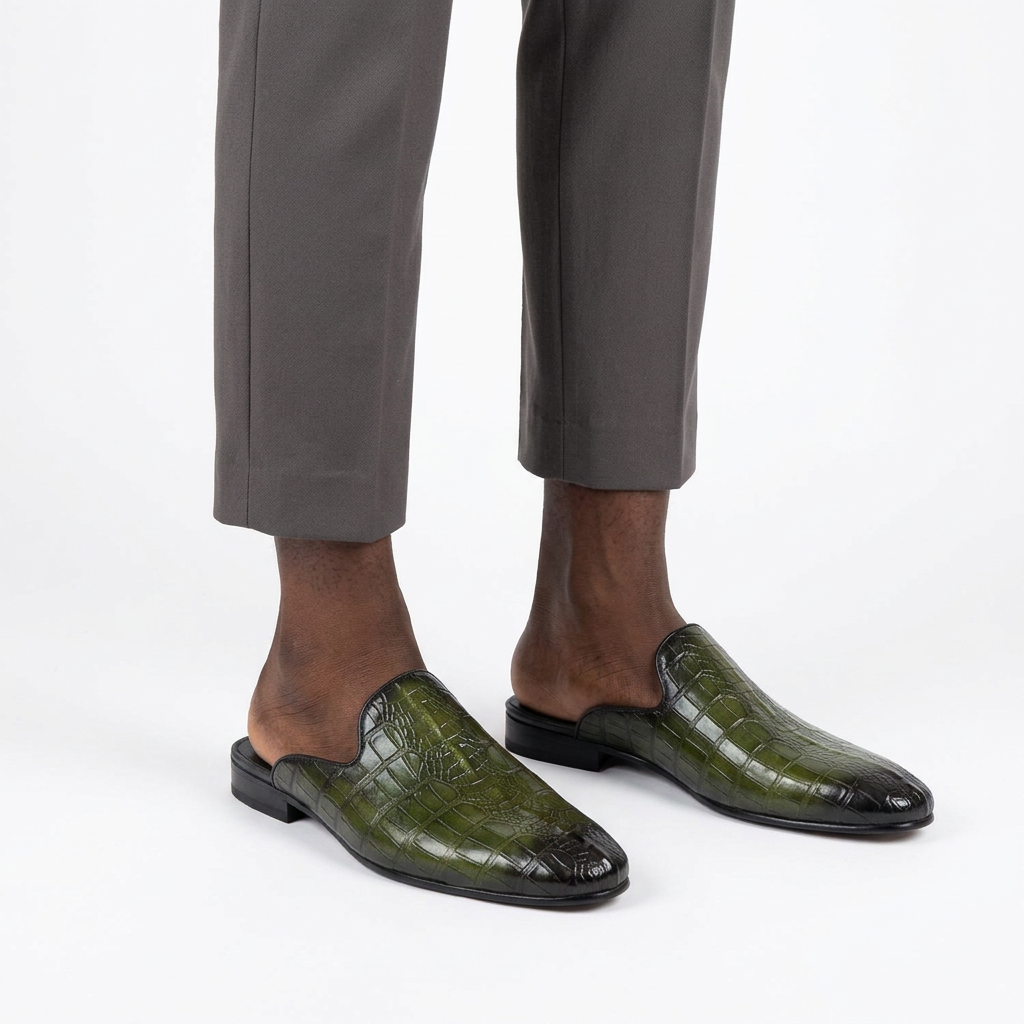 Men’s Olive Green Crocodile-Effect Mule Shoes