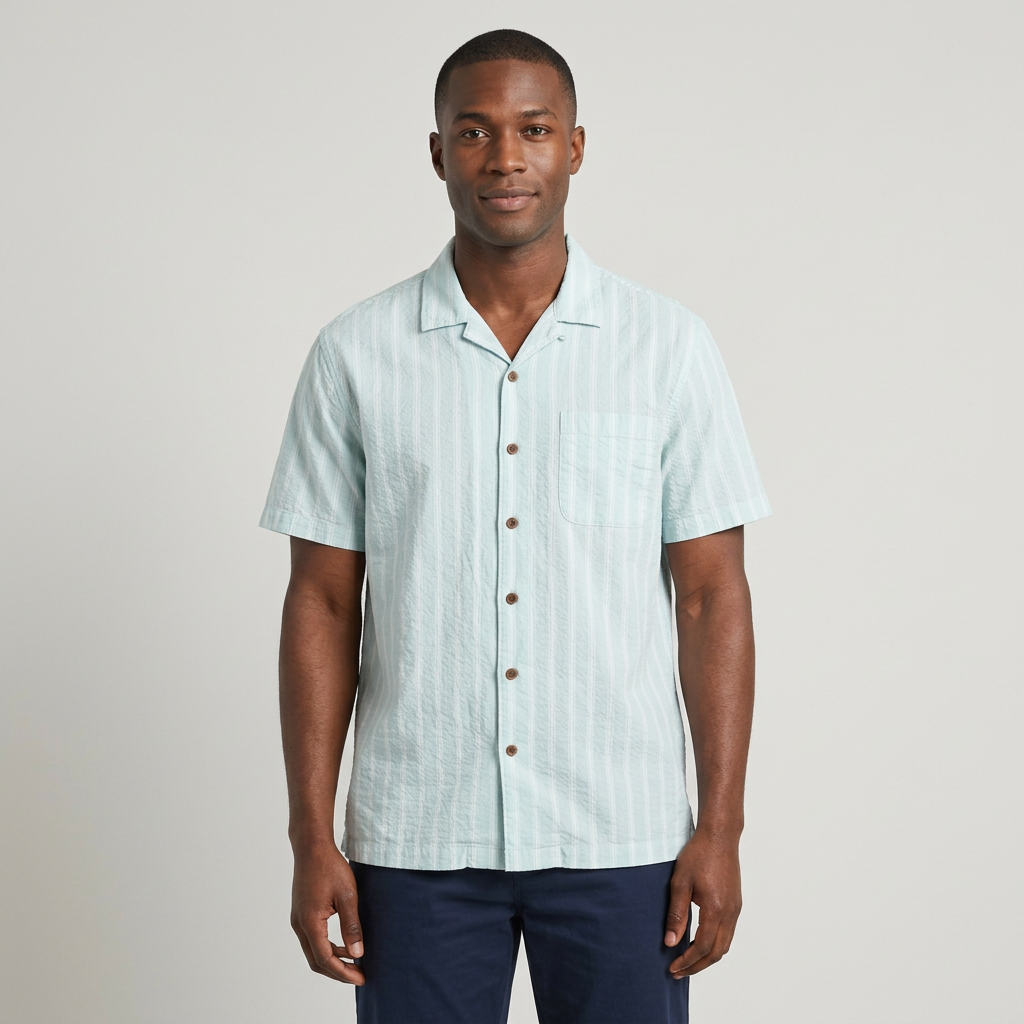 Pale blue short-sleeve shirt on a model