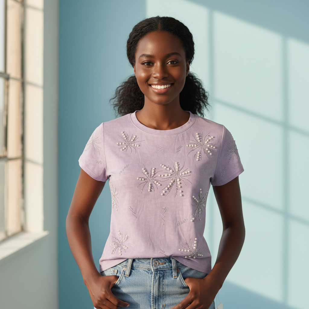 Pearl Embellished Lavender Tee â€“ Model Shot