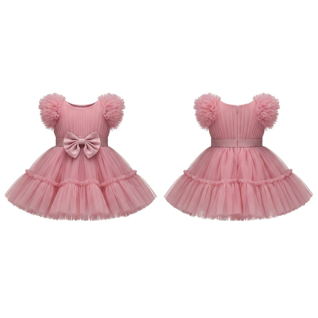Pink Tulle Puff Sleeve Girls Dress