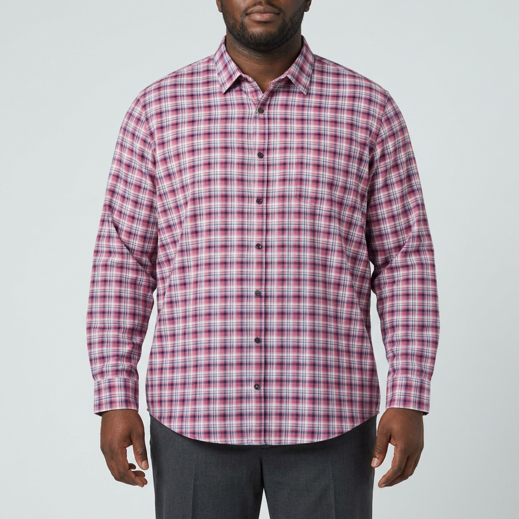 Pink and navy checked shirt on a model