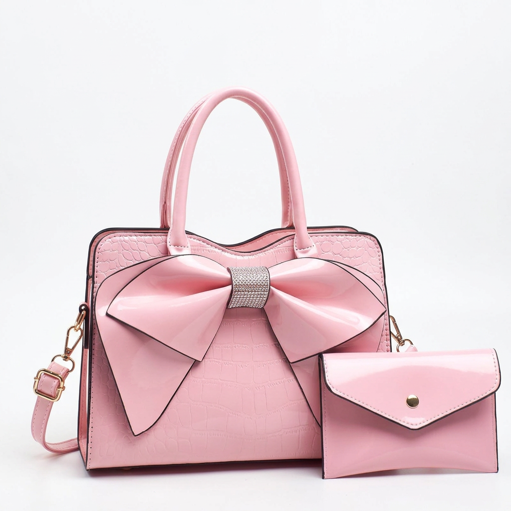 Pink bow handbag studio preview