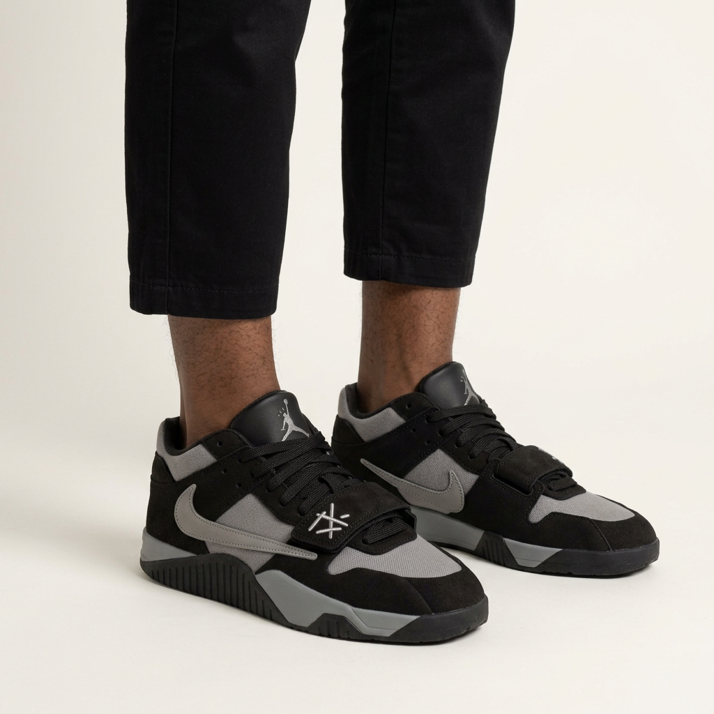 Plain-background model shot focused on both lower legs and sneakers