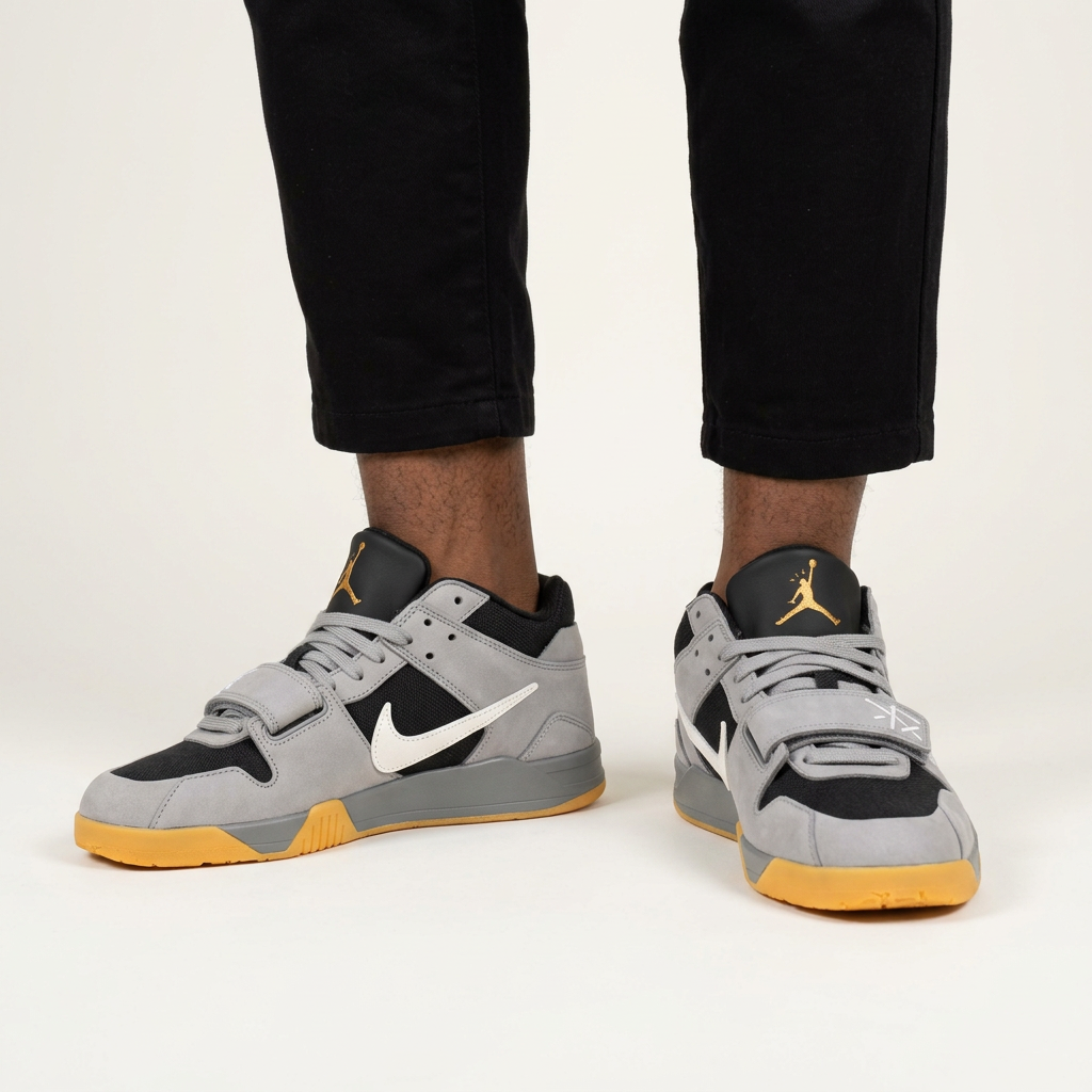 Plain-background model shot focused on both lower legs