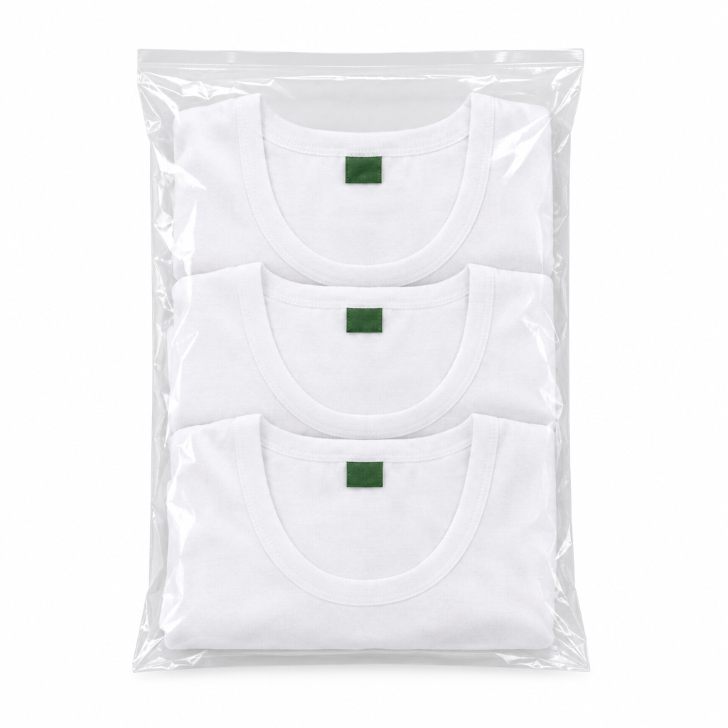 Plain White 3-Pack Vests – Pack Shot with Green Label