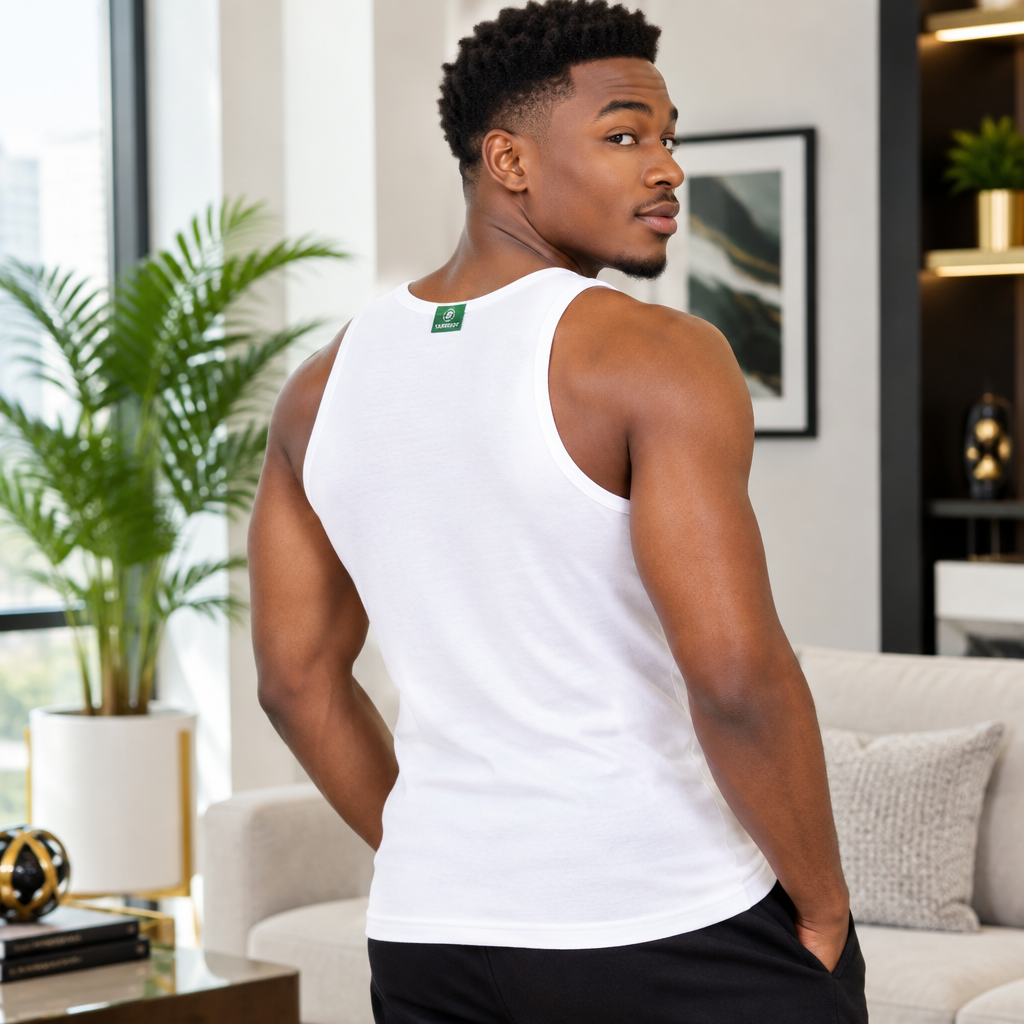 Plain White Vest – Model with Green Label