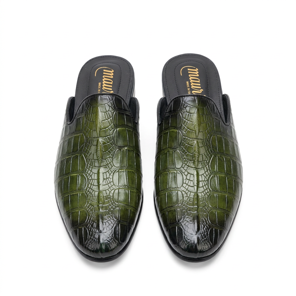 Men’s Olive Green Crocodile-Effect Mule Shoes