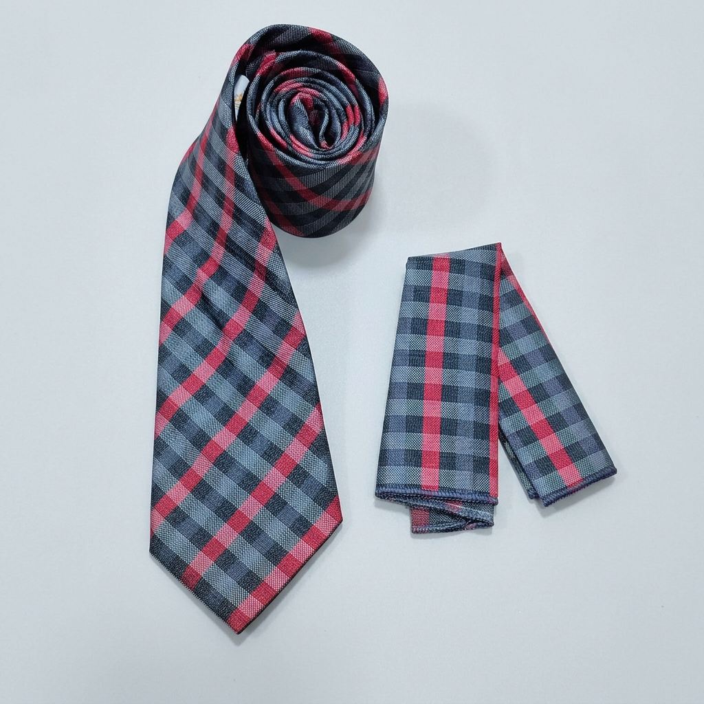 Red and ash checked tie and pocket square preview