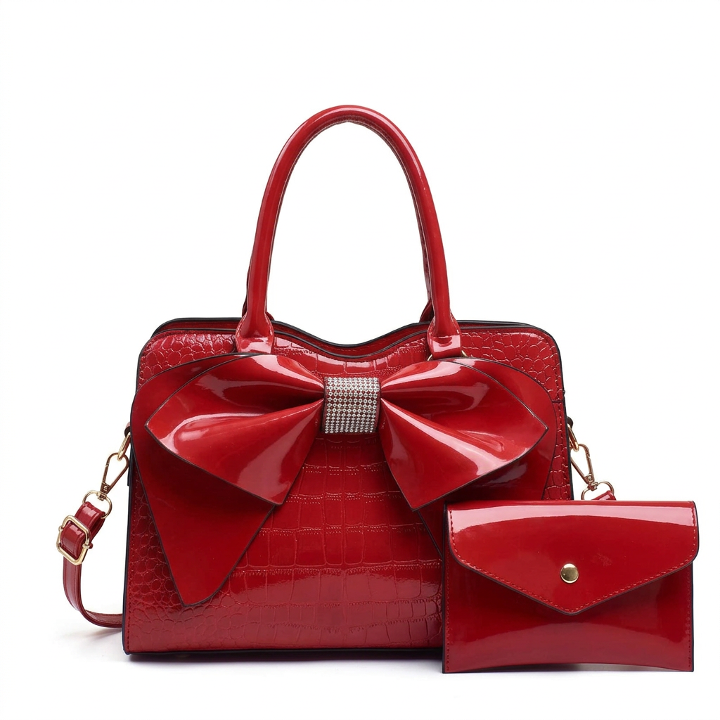Red bow handbag studio preview