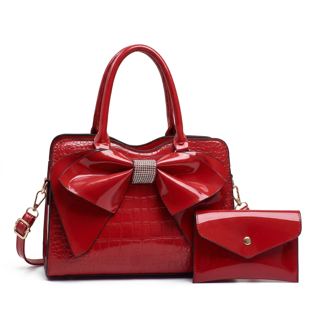 Red bow handbag studio preview
