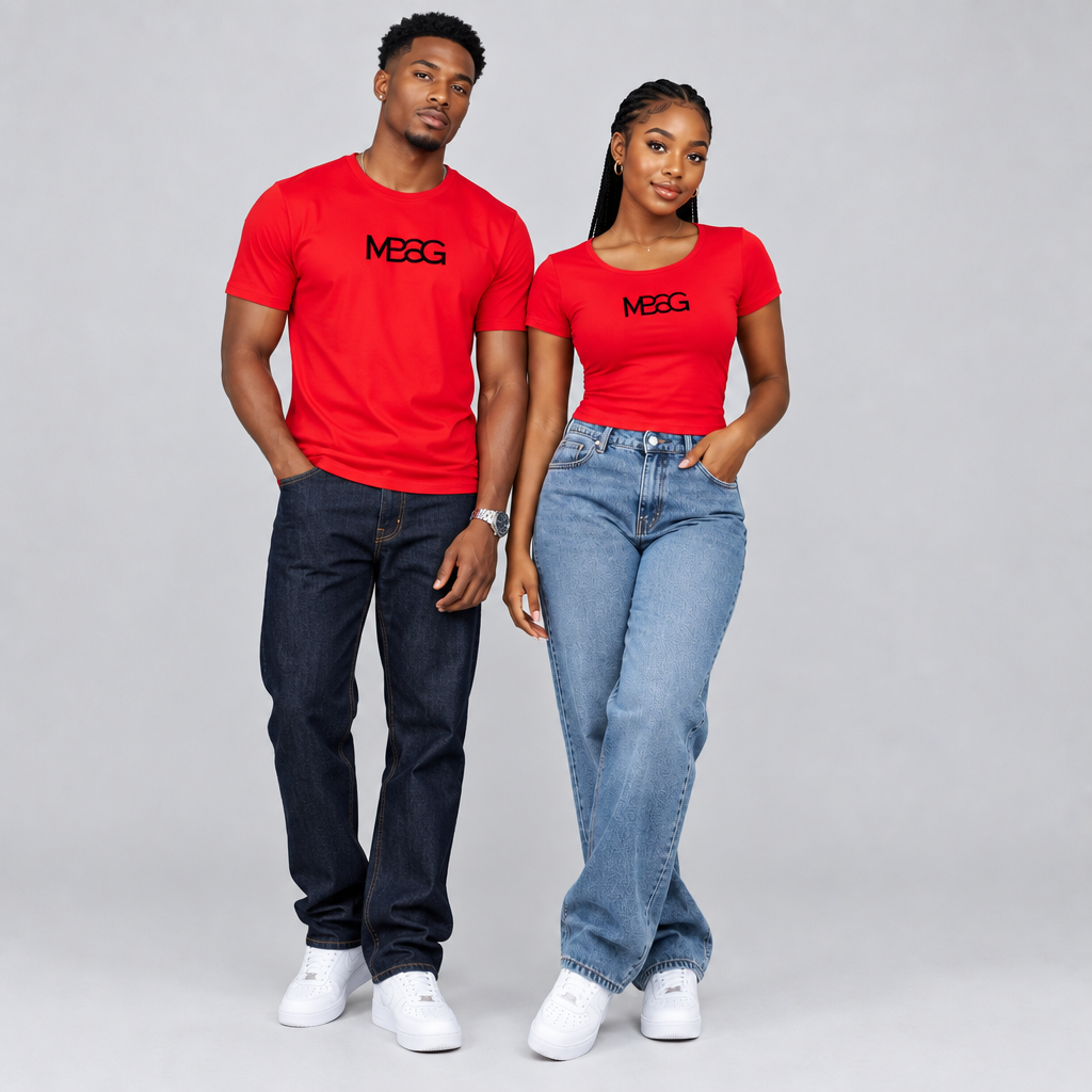 Red MBAG Logo Top – Man & Woman Model Shot