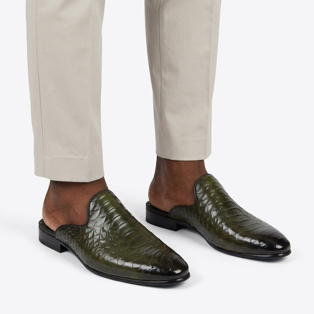Men’s Dark Olive Scale-Textured Mule Shoes