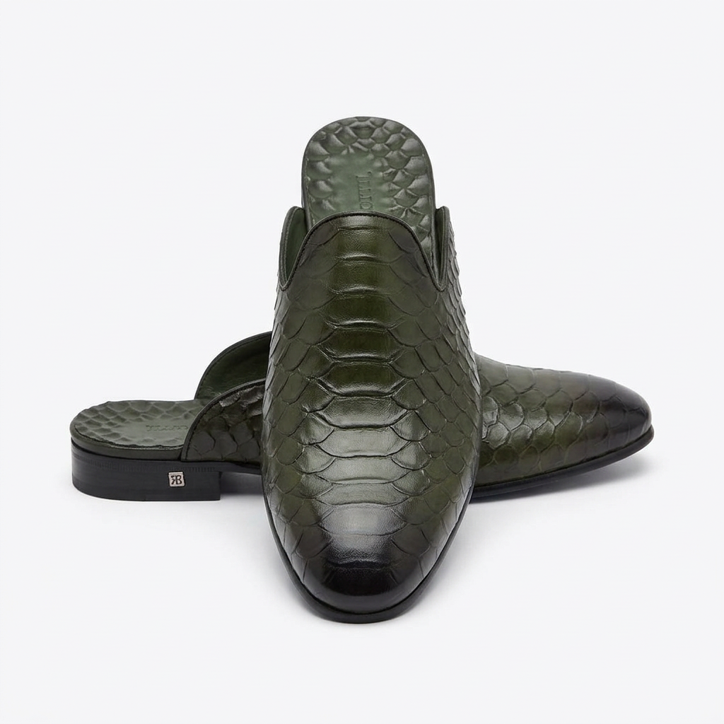 Men’s Dark Olive Scale-Textured Mule Shoes