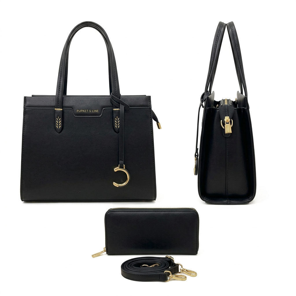 Women’s Black Structured Tote Bag with Matching Wallet