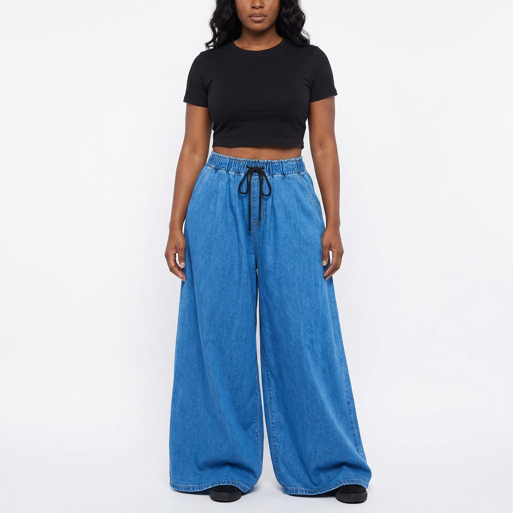 Revised model image matching the original blue wide-leg jeans
