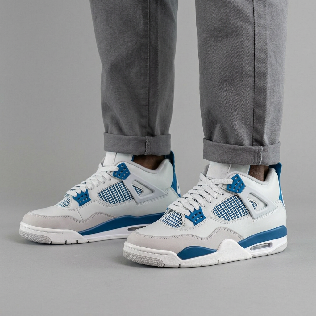 Revised white and blue sneaker leg-focused preview