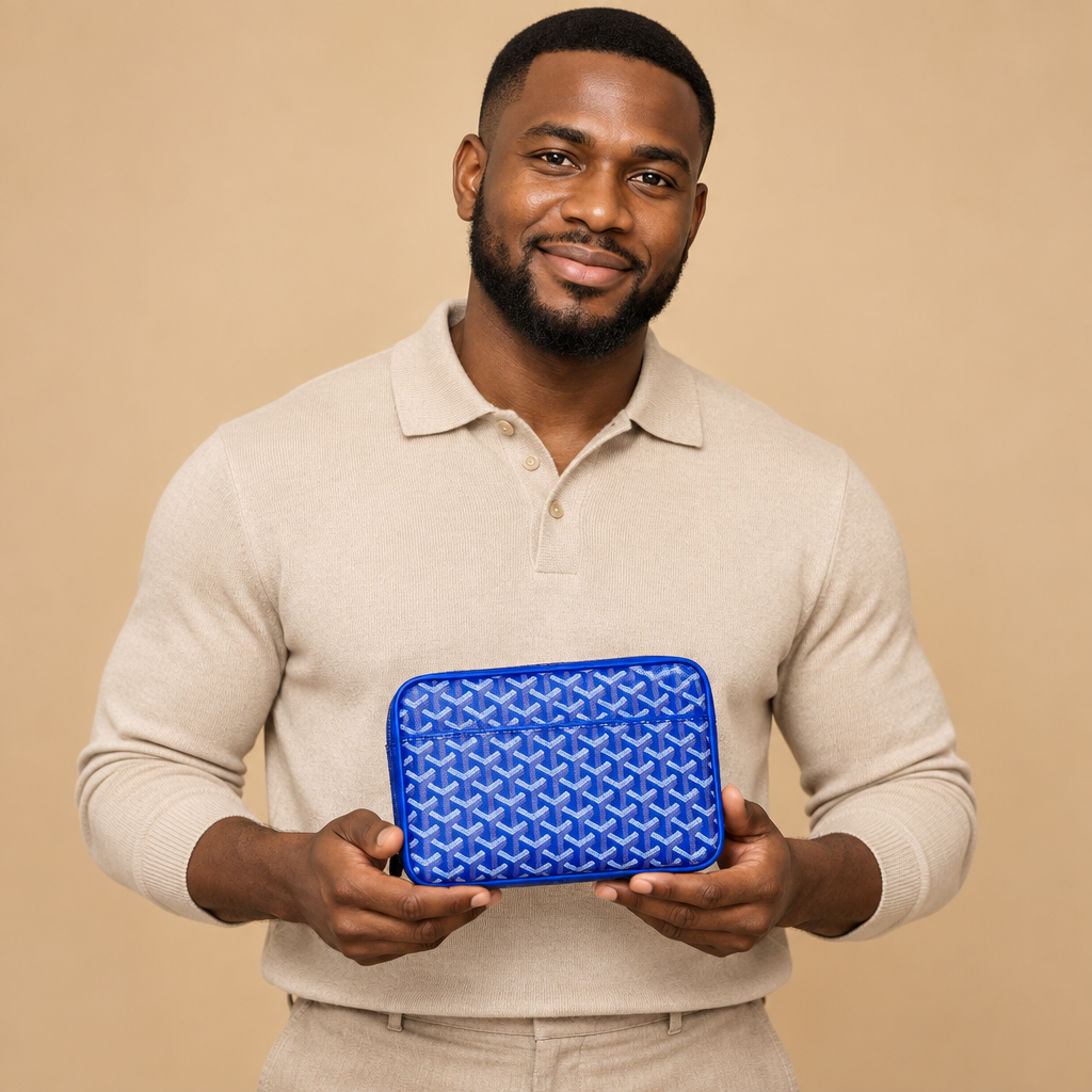 Royal blue pouch on a Black adult model