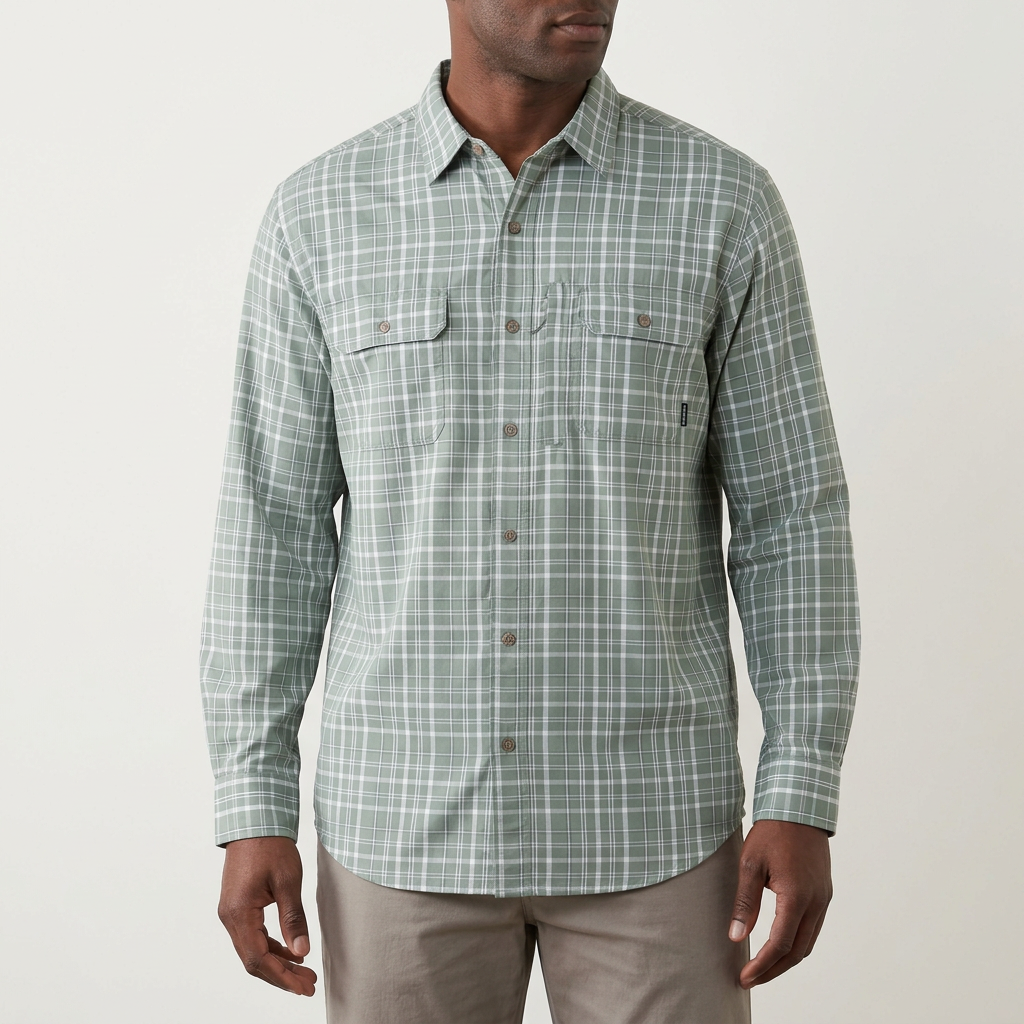 Sage green check shirt model preview