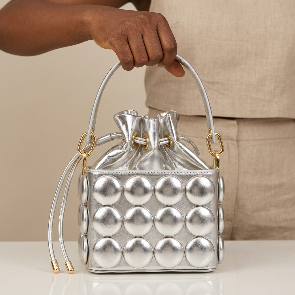 Women’s Metallic Silver Circle-Appliqué Bucket Bag