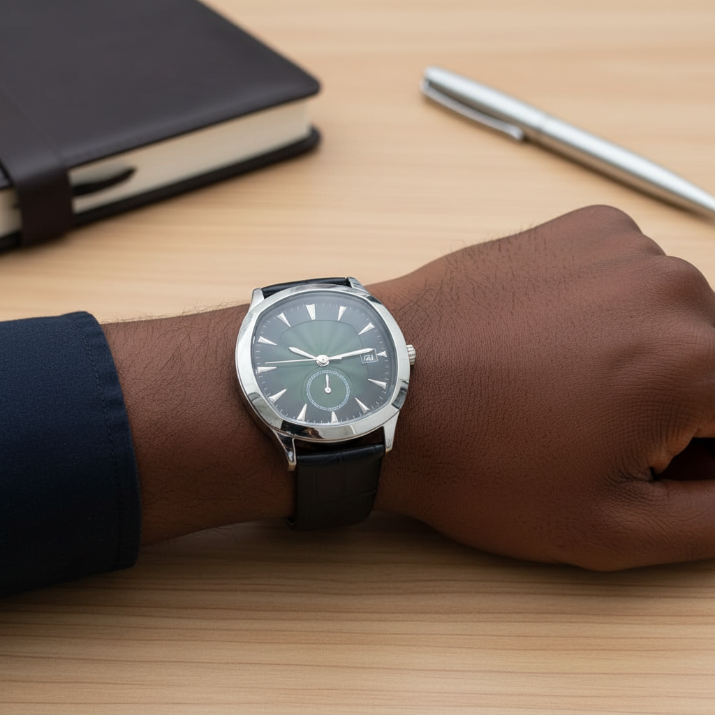 Silver-tone dark green dial watch wrist image