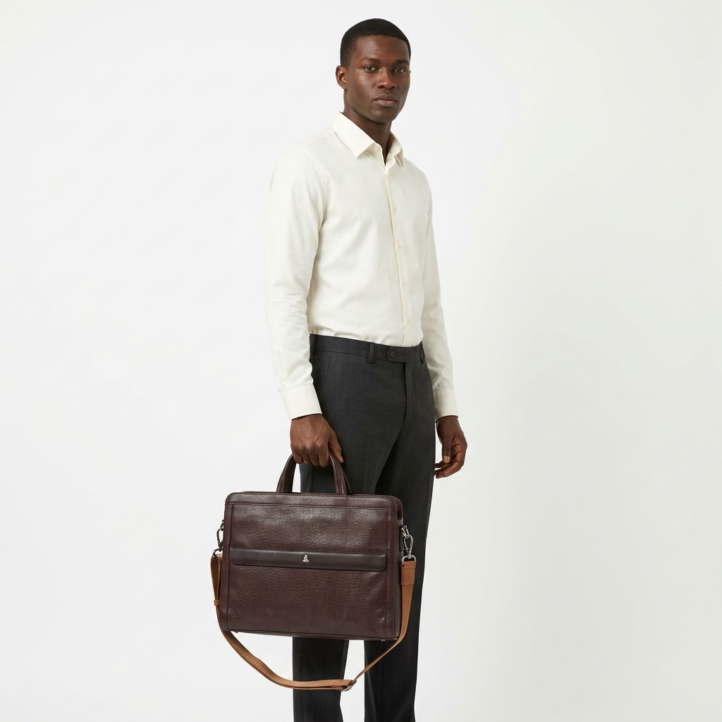Single-model preview with the burgundy-brown laptop bag