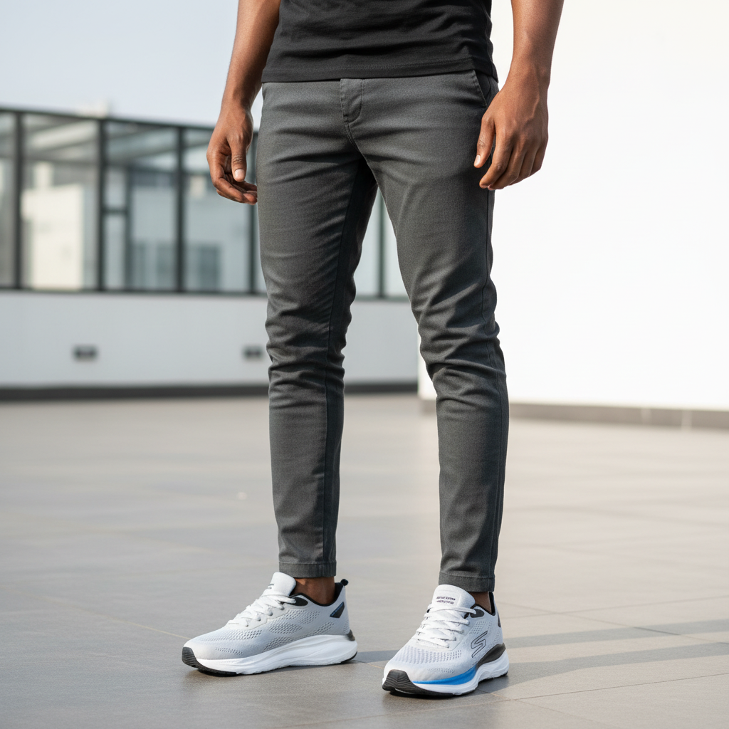 Skechers Go Run Light Grey Royal Blue – Model Leg Shot